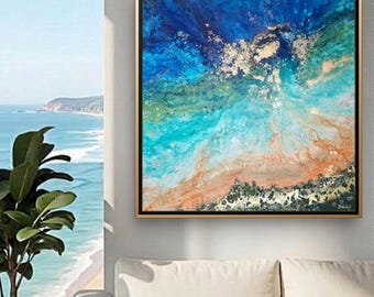 Abstract Ocean Canvas Art | Coastal Seascape Painting, Gold Accents, Ready to Hang