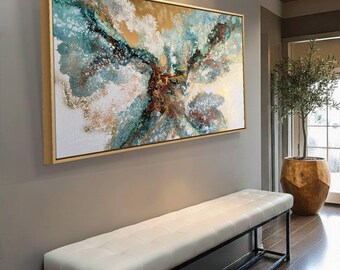 Oversized Turquoise Abstract Painting: Gold Coastal Decor (36x59 inches)