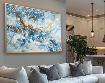 Oversized ocean waves original painting | Light blue and gold | 40"x59"