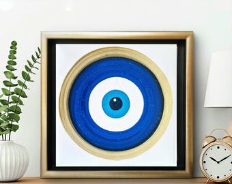 Evil Eye Painting: Framed Greek Art, Gold Box Frame