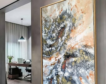 XL Abstract Butterfly Painting: Terracotta, Grey, and Gold Flow Art