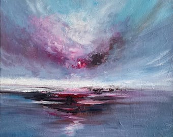 Original Pink Sunset Seascape Painting: Coastal Ocean Artwork