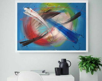 May include: Abstract painting with a blue background and colorful brushstrokes in red, white, black, and blue. The painting has a circular shape in the center with a white background.