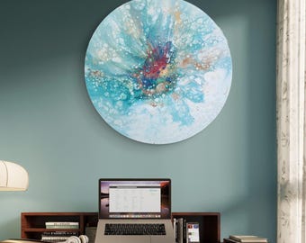 Floral Round Canvas Painting: Colorful Abstract Wall Art, 26.4"