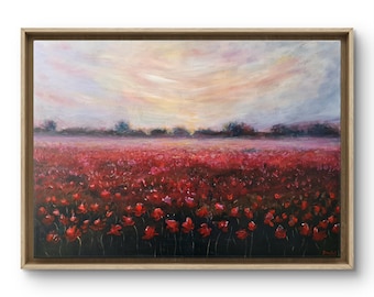 Red Poppies Field Painting: Sunrise Landscape Art (27.6x40 inches)