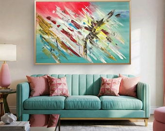 Textured Abstract Acrylic Painting: Turquoise, Pink, and Ochre - 40x59"