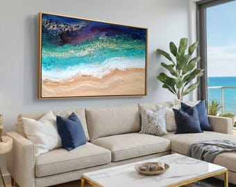 XL Seascape Painting: Beach textured sand, Coastal Greek original art, 40"x59"