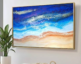 XL Agean blues Painting: Beach textured sand, Coastal Greek original art, 40"x59"