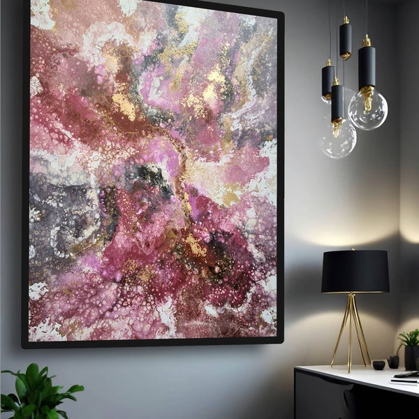 Magenta original painting /Abstract painting |Flower abstract painting/ Gold details |Flower impressionistic/Dusty pink and gold flower