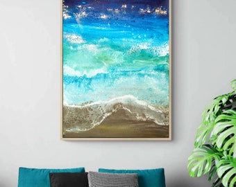 Abstract painting| Gold large painting |Turquoise painting |Ocean painting | Wedding gift |Beach painting|Abstract coastal art|Elendenart