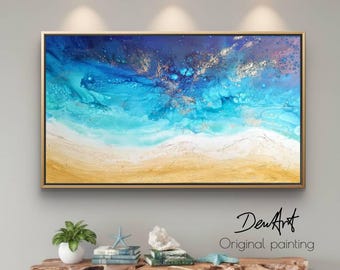 Abstract Coastal Painting: Turquoise, Gold, and Blue Seascape (25.7x47 inches)