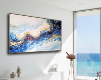 Abstract Ocean Wave Painting Deep Blue & Gold Coastal Wall Art | Blue lightning