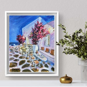 Pintura original de Mykonos/ Pintura de la isla griega /Pintura de Voukamvilia / Obra de arte del café callejero de Mykonos /Regalo de arte de Mykonos / Recuerdo griego