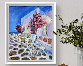 Mykonos Painting: Greek Island Street Cafe Art, Original Acrylic Canvas