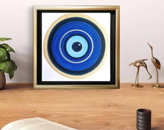 Framed Evil Eye Painting: Gold Box Frame, Greek Good Luck Charm
