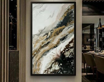 Large Gold Abstract Painting: Contemporary Wall Art (27.6x47 in)
