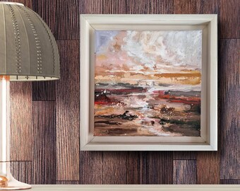 Framed Greek Seascape Painting: Original Sunset Beach Art, 10x10"