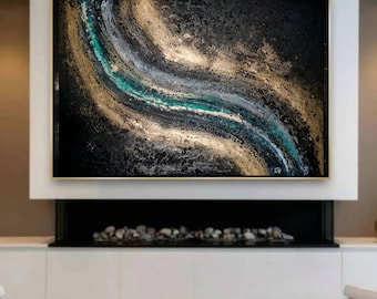 Abstract Galaxy Painting: Black, Gold, and Green Celestial Art (40x60)