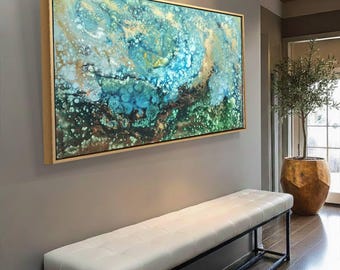 Abstract Ocean Wave Painting/Deep Blue  Gold Coastal original art