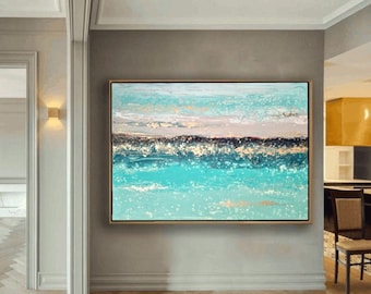 Oversized Turquoise Abstract Painting: Gold Coastal Decor (40x59 inches)