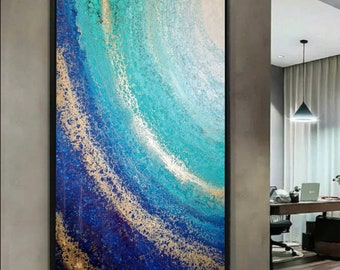 Oversized Abstract Seascape Painting: Blue, Turquoise, and Gold Ocean Art (40x59)