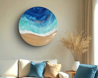 Round Ocean Wave Painting: Gold Beach Seascape Wall Art