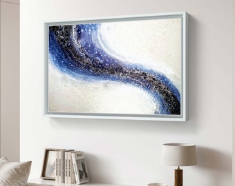 Navy blue large canvas art|Abstract original painting | Navy and silver wall art| Contemporary painting|Living room painting|Dining room art
