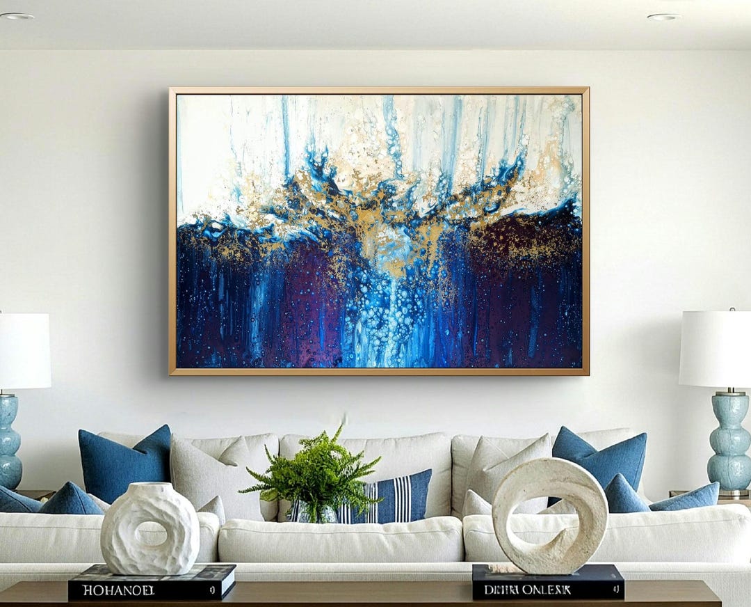 Abstract Ocean Wave Painting: Deep Blue & Gold Coastal Wall Art - Etsy