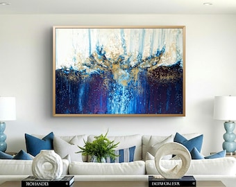 Abstract Ocean Wave Painting: Deep Blue & Gold Coastal Wall Art