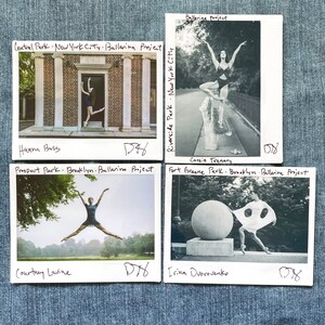 May include: Four black and white photographs of ballerinas posing in different New York City parks. Each photo has a handwritten caption with the ballerina's name, the park name, and the project name "Ballerina Project".