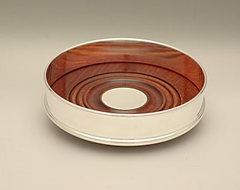 Silver Plated Bottle Coaster, Mahogany wood silver plated centre, not engraved