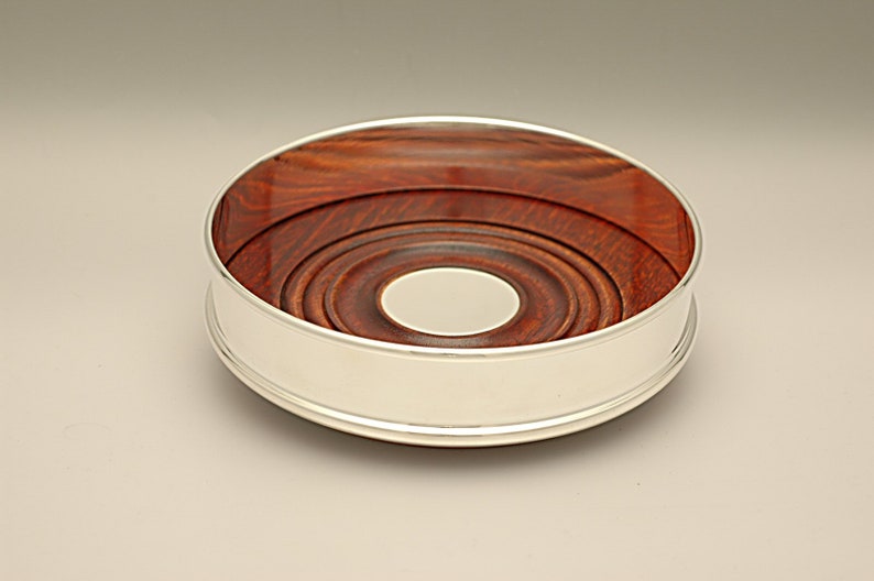 Silver Plated Bottle Coaster, Mahogany wood silver plated centre, not engraved image 1