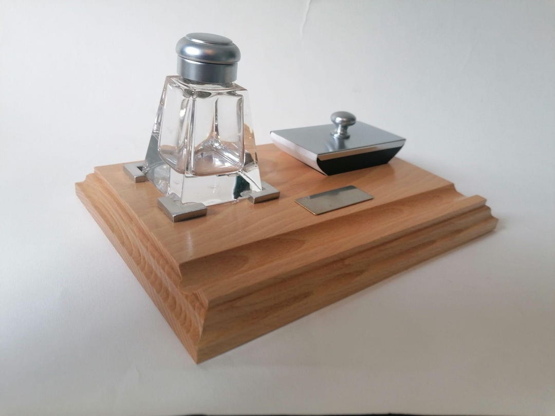 Crystal Ink Pot Desk Set, With Lead Crystal Inkpot and Desk Blotter. Brushed Satin ...
