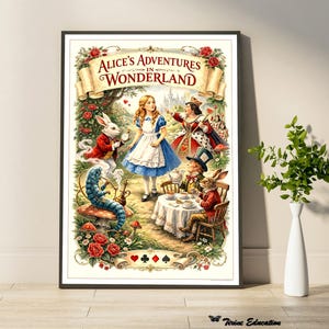 May include: A framed print of "Alice's Adventures in Wonderland" features Alice in a blue dress, the White Rabbit, the Mad Hatter, and the Queen of Hearts. The artwork is surrounded by roses and playing card suits, with the title in a banner.