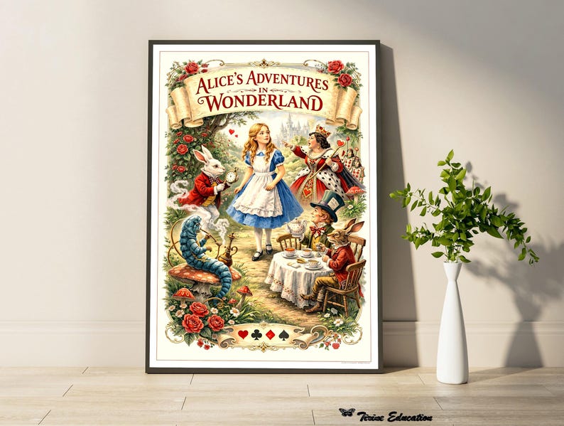 May include: A framed print of "Alice's Adventures in Wonderland" features Alice in a blue dress, the White Rabbit, the Mad Hatter, and the Queen of Hearts. The artwork is surrounded by roses and playing card suits, with the title in a banner.