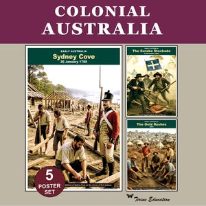 Colonial Australia Posters: Pacific History Classroom Decor First Fleet Eureka Stockade Gold Rusges Federation Years 5-7