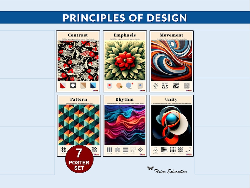 Principles of Design Posters Set: Balance, Contrast, Emphasis, Movement, Pattern, Rhythm, Unity