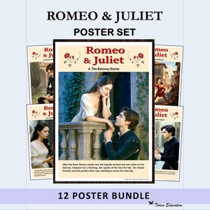 Romeo und Julia Poster Set: Englische Literatur, Shakespeare Klassenzimmer Dekor, illustrierte Inhaltszusammenfassung