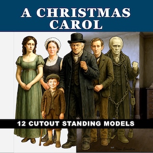 Personagens recortáveis de Um Conto de Natal para imprimir: figuras em pé, 12 personagens, diorama para estudo do romance de Dickens, inglês para alunos do ensino fundamental e médio.