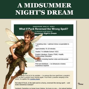 May include: A digital illustration of a fairy from Shakespeare's "A Midsummer Night's Dream" with text that reads "What If Puck Reversed the Wrong Spell?" The fairy is wearing a green outfit and has large, translucent wings. The text also includes details about the script.