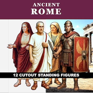 Könnte beinhalten: Ein Set aus 12 ausgeschnittenen stehenden Figuren, die Menschen aus dem antiken Rom darstellen. Die Figuren tragen traditionelle Tuniken, Roben und eine römische Militärrüstung mit Schild und Schwert. Der Text ANCIENT ROME und 12 CUTOUT STANDING FIGURES ist sichtbar.