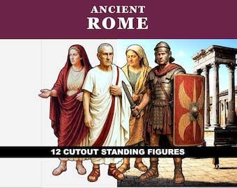 May include: A set of 12 cutout standing figures depicting people from Ancient Rome. The figures include individuals in traditional tunics, robes, and Roman military armour with a shield and sword. The text ANCIENT ROME and 12 CUTOUT STANDING FIGURES is visible.