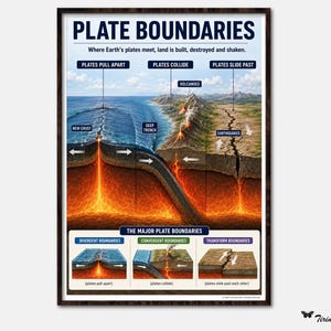 Plakat z granicami płyt tektonicznych: Do druku, edukacyjna sztuka ścienna do klasy z geografii fizycznej dla uczniów szkół średnich