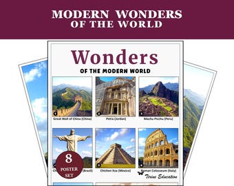 Geografieposters, educatieve kunst over moderne wereldwonderen, printbaar, digitale klasdecoratie