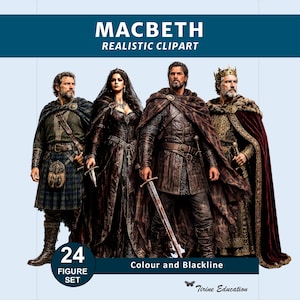 Clipart réaliste Macbeth : 24 personnages PNG (couleur et trait noir) | Illustrations de Shakespeare pour les enseignants