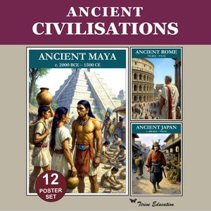 Posters oude beschavingen: wereldgeschiedenis klaslokaal decor Maya Azteken Inca Griekenland Rome Mesopotamië China Japan rangen 6-8