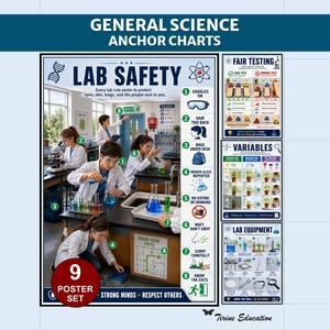 Peut inclure: Un ensemble de neuf affiches éducatives intitulées General Science Anchor Charts. L'affiche principale présente les règles de sécurité en laboratoire avec des illustrations d'élèves, accompagnées d'affiches sur les tests, variables et équipements.