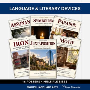Könnte beinhalten: Ein Set aus Lehrpostern mit dem Titel Language & Literary Devices, die Definitionen und Beispiele für Begriffe wie Assonance, Symbolism, Paradox, Irony, Juxtaposition und Motif enthalten, jeweils ergänzt durch ein passendes Foto.