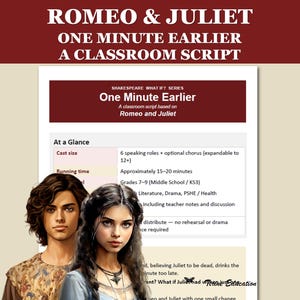 Pode incluir: Um roteiro de sala de aula intitulado "Romeu e Julieta: Um minuto antes" com ilustrações de Romeu e Julieta. O roteiro é baseado na peça de Shakespeare e inclui detalhes sobre o tamanho do elenco, a duração e os níveis de ensino.