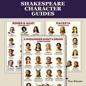 Peut inclure: Guides des personnages de Shakespeare, avec des illustrations de Roméo et Juliette, Macbeth et Le Songe d'une nuit d'été. Les guides incluent les noms des personnages et de brèves descriptions. Le titre est "Shakespeare Character Guides".